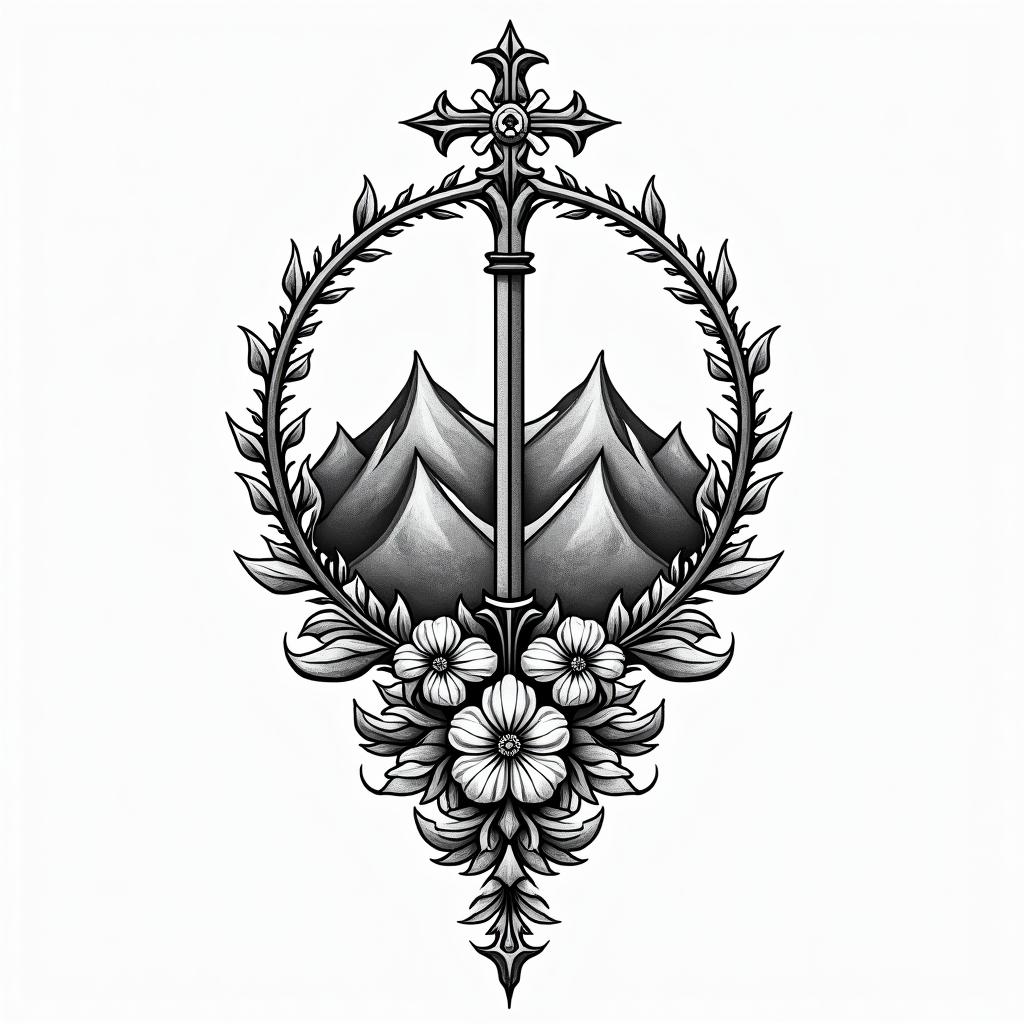 Compass mountains and tree clave tattooin ornamental tattoo style, featuring intricate symmetrical patterns and floral designs, showcasing highly detailed line work and geometric shapes, creating a sense of elegance and balance - Variation 2