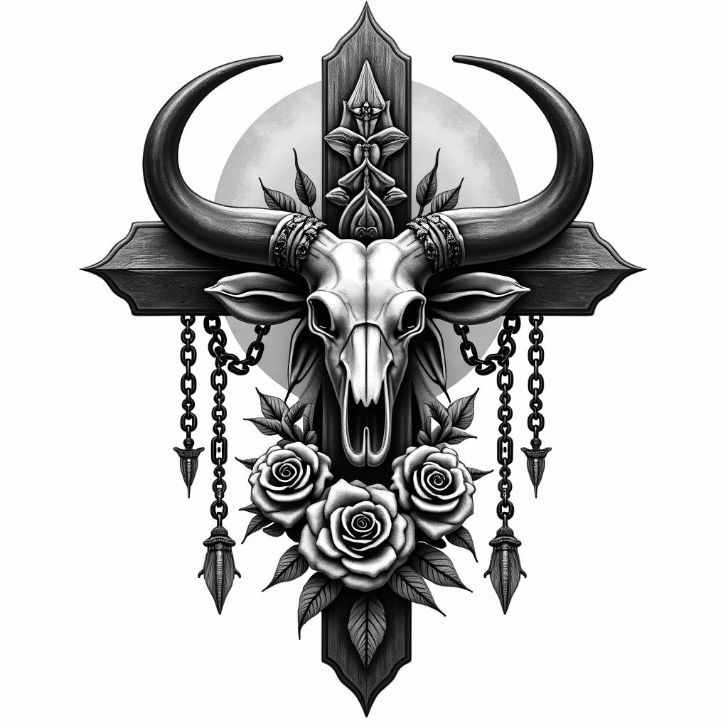 Taurus. Moon. Plants.in chicano style tattoo, featuring intricate black and grey shading, bold elements of traditional chicano culture symbols, add a big cross with skull, chains and roses - Variation 2
