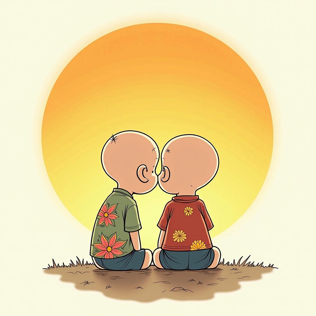 Sun eclipse, love foreverGhibli, Studio Ghibli aesthetic, hand-drawn anime style, retro nostalgic atmosphere, retro soft pastel color palette with earthy tones, retro Japanese cinematic shot, yellow tint effect, bald character, smooth surface, anime shadow 90's anime style - Variation 2