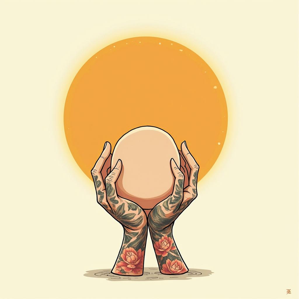 Sun eclipse, love foreverGhibli, Studio Ghibli aesthetic, hand-drawn anime style, retro nostalgic atmosphere, retro soft pastel color palette with earthy tones, retro Japanese cinematic shot, yellow tint effect, bald character, smooth surface, anime shadow 90's anime style