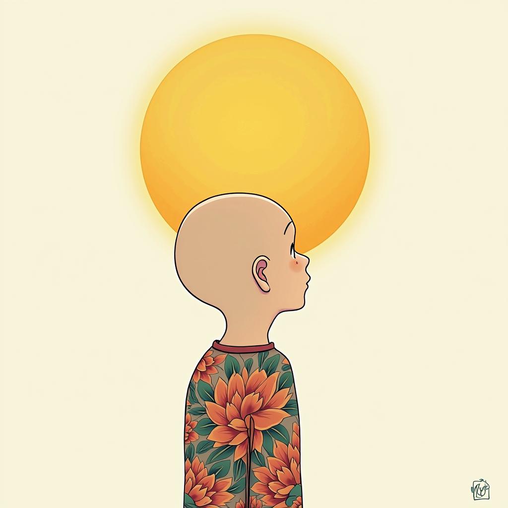 Sun eclipse, love foreverGhibli, Studio Ghibli aesthetic, hand-drawn anime style, retro nostalgic atmosphere, retro soft pastel color palette with earthy tones, retro Japanese cinematic shot, yellow tint effect, bald character, smooth surface, anime shadow 90's anime style - Variation 4