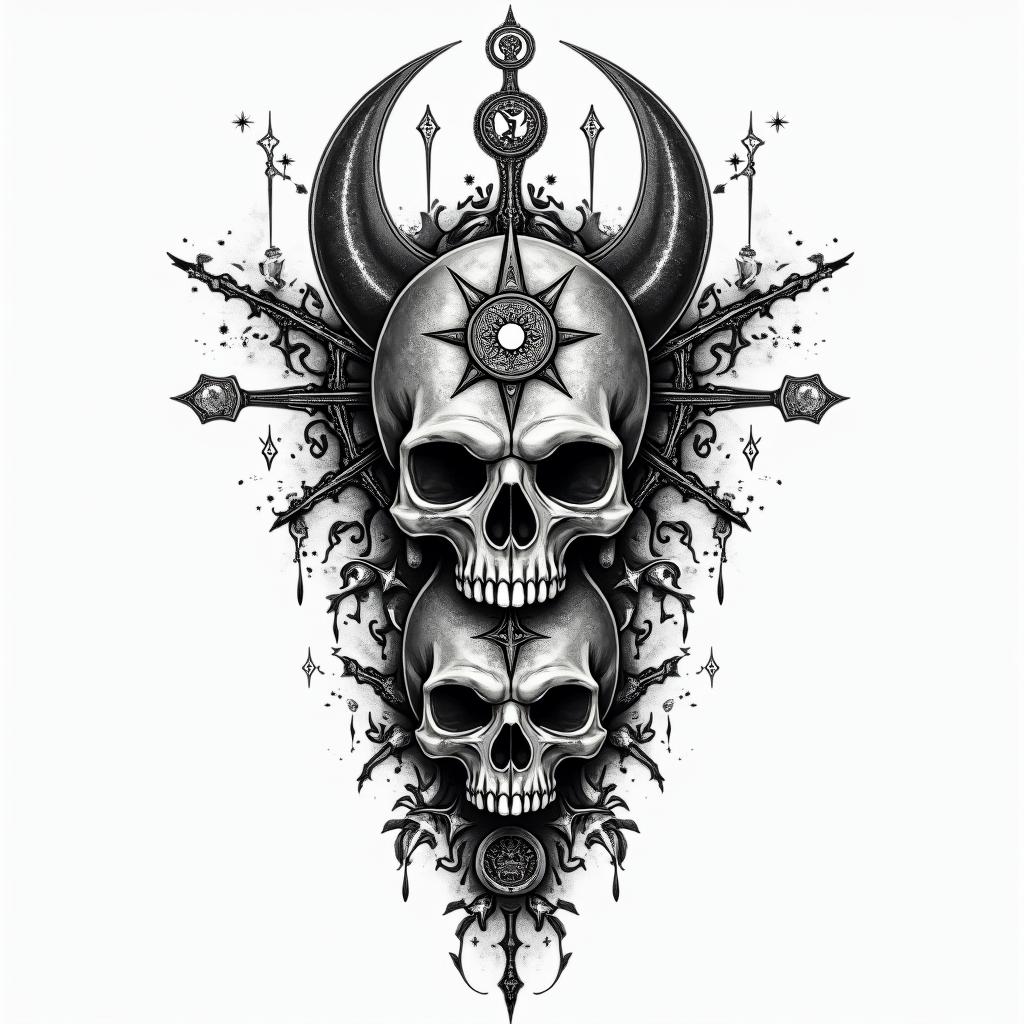 A. Shoulder piece with different kinds of skull in paganic style tattoo, featuring ancient symbols, add vegvisir symbol, mystical figures, incorporating designs, pentagrams, runes, crescent moons, - Variation 2
