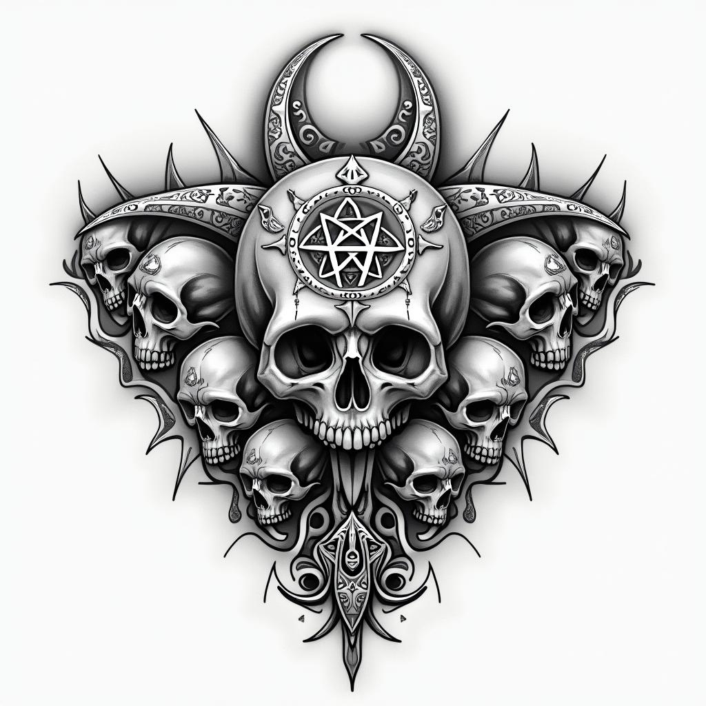 A. Shoulder piece with different kinds of skull in paganic style tattoo, featuring ancient symbols, add vegvisir symbol, mystical figures, incorporating designs, pentagrams, runes, crescent moons,