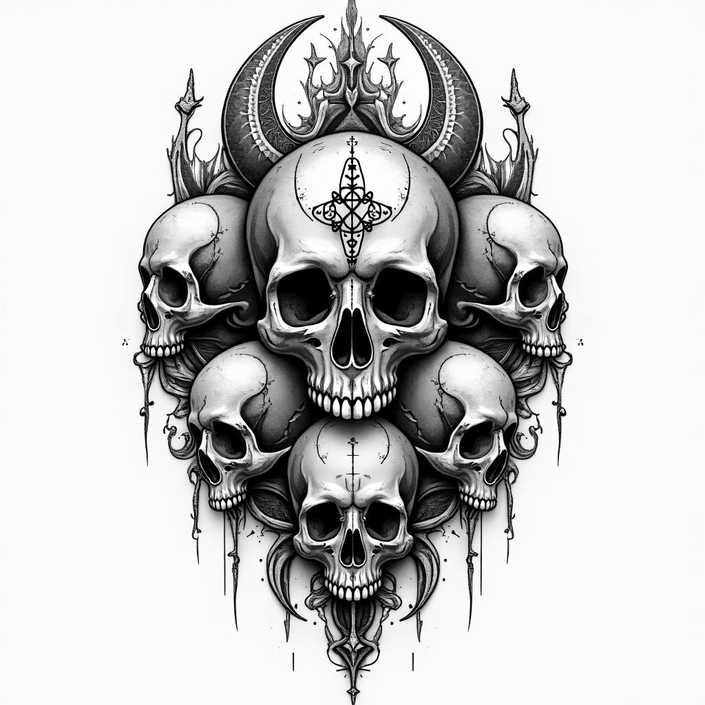 A. Shoulder piece with different kinds of skull in paganic style tattoo, featuring ancient symbols, add vegvisir symbol, mystical figures, incorporating designs, pentagrams, runes, crescent moons, - Variation 4