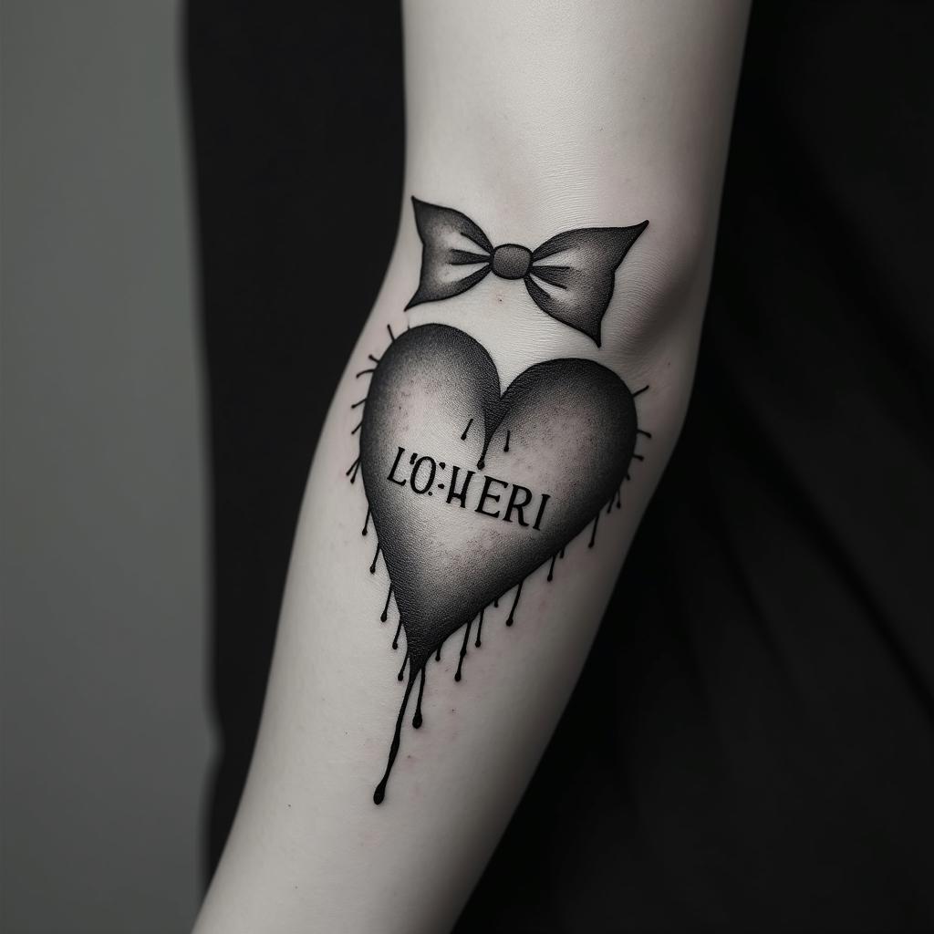 fnpl with heart and bowtext-based tattoo, gothic font ultra-realistic, perfectly placed, high-quality font design, photo-realistic shading, 8k, high quality, finely detailed typography - Variation 4