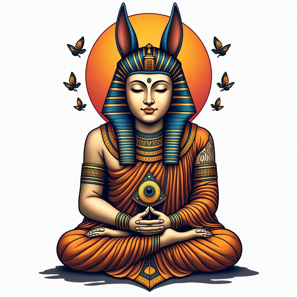 During his meditation, Buddha is protected by a kitsune.in egyptian style tattoo, bold elements of ancient egyptian culture including a portrait of an Egyptian pharaoh with detailed facial features, in hieroglyphs and symbolic imagery, eye of horus, ankh symbol, scarab beetle - Variation 3