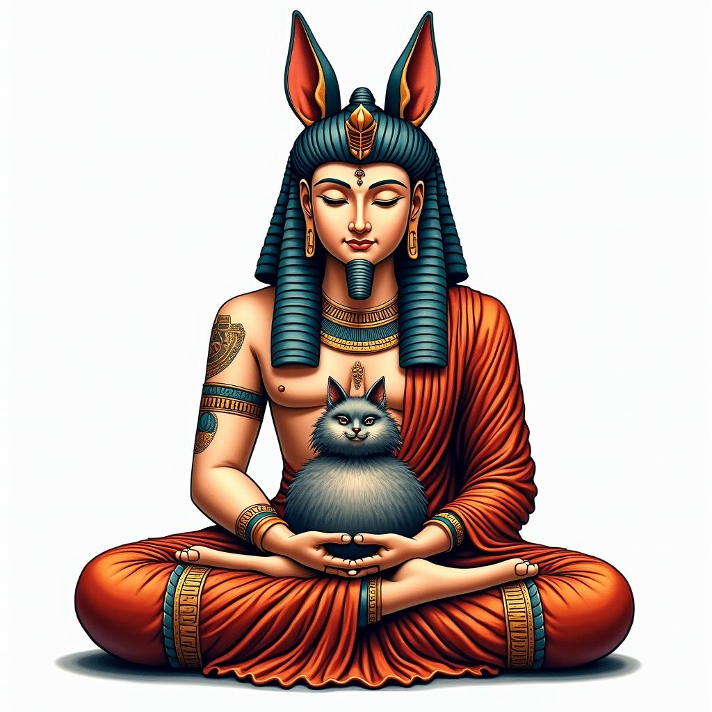 During his meditation, Buddha is protected by a kitsune.in egyptian style tattoo, bold elements of ancient egyptian culture including a portrait of an Egyptian pharaoh with detailed facial features, in hieroglyphs and symbolic imagery, eye of horus, ankh symbol, scarab beetle
