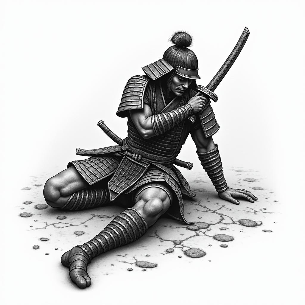 Samurai laying down his sword showing he is giving up on being a fighterin japanese style tattoo, detailed tattoo, traditional japanese culture tattoo, mythology, 8k - Variation 4