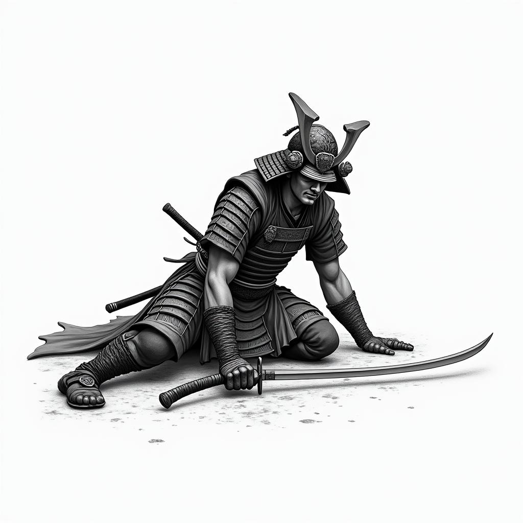 Samurai laying down his sword showing he is giving up on being a fighterin japanese style tattoo, detailed tattoo, traditional japanese culture tattoo, mythology, 8k