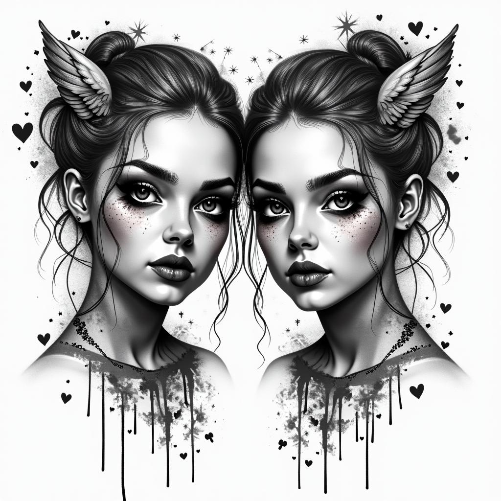 Denise, twins, 21.05.1991, Bielefeldin graffiti style tattoo, featuring bold and dynamic street art elements, spray-paint texture with exaggerated lines and expressive, chaotic brushstrokes, intricate lettering incorporated with graffiti tags, symbols like hearts, stars, and wings - Variation 2
