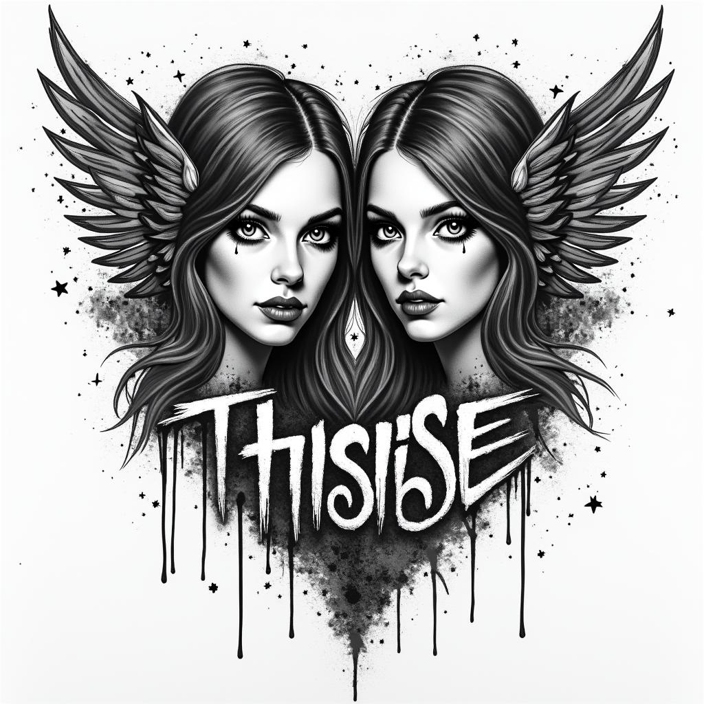Denise, twins, 21.05.1991, Bielefeldin graffiti style tattoo, featuring bold and dynamic street art elements, spray-paint texture with exaggerated lines and expressive, chaotic brushstrokes, intricate lettering incorporated with graffiti tags, symbols like hearts, stars, and wings - Variation 3