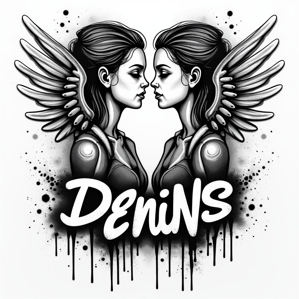 Denise, twins, 21.05.1991, Bielefeldin graffiti style tattoo, featuring bold and dynamic street art elements, spray-paint texture with exaggerated lines and expressive, chaotic brushstrokes, intricate lettering incorporated with graffiti tags, symbols like hearts, stars, and wings
