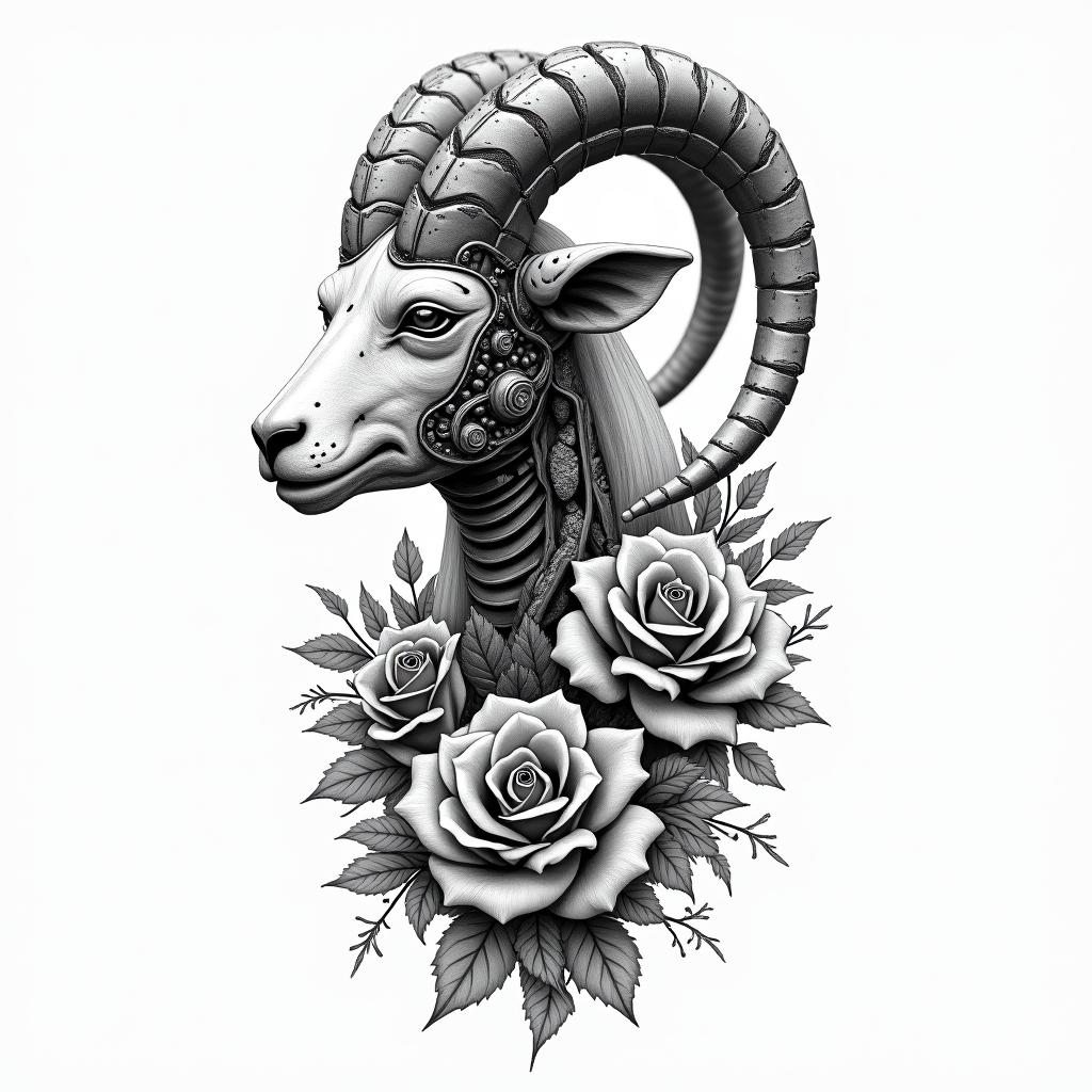 Mountain goat and rosestattoo in biomechanic style, the tattoo covered by robotic elements of futuristic cyberpunk design, robotic features detail, showcasing intricate mechanical components - Variation 3