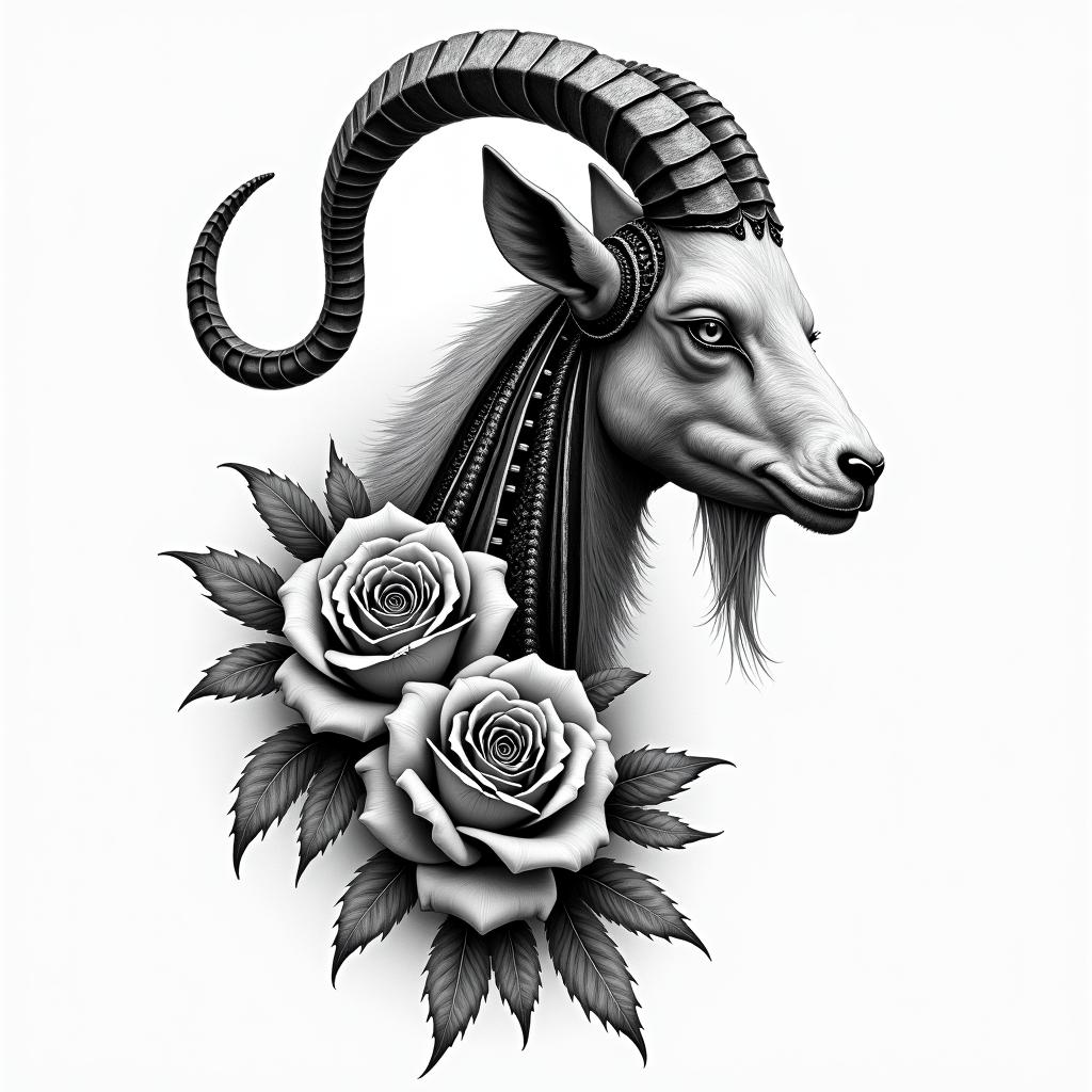 Mountain goat and rosestattoo in biomechanic style, the tattoo covered by robotic elements of futuristic cyberpunk design, robotic features detail, showcasing intricate mechanical components