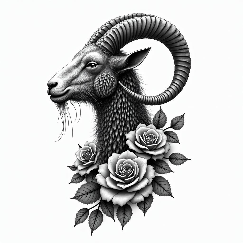 Mountain goat and rosestattoo in biomechanic style, the tattoo covered by robotic elements of futuristic cyberpunk design, robotic features detail, showcasing intricate mechanical components - Variation 4