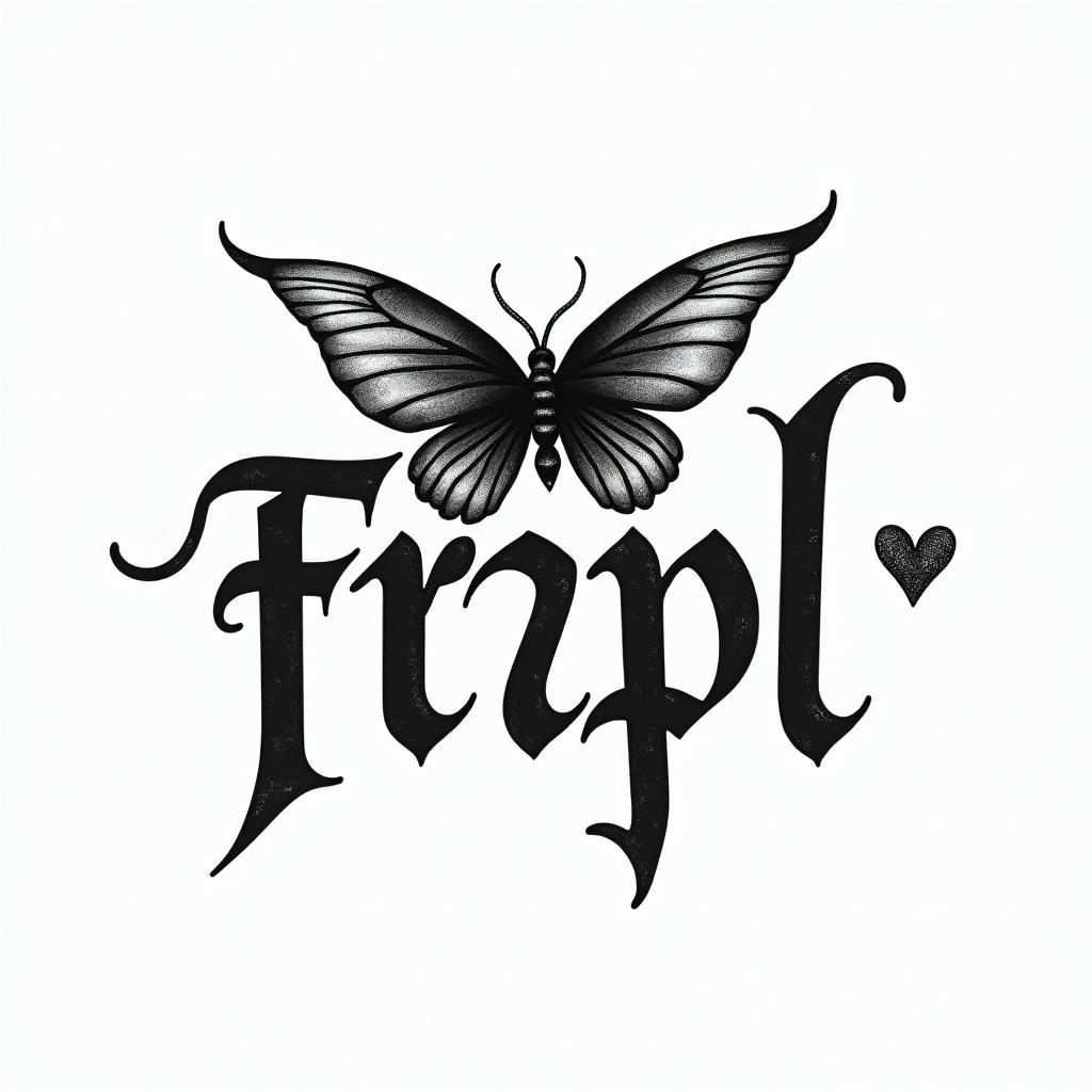 Text “Fnpl” with bow and hearttext-based tattoo, gothic font ultra-realistic, perfectly placed, high-quality font design, photo-realistic shading, 8k, high quality, finely detailed typography - Variation 4