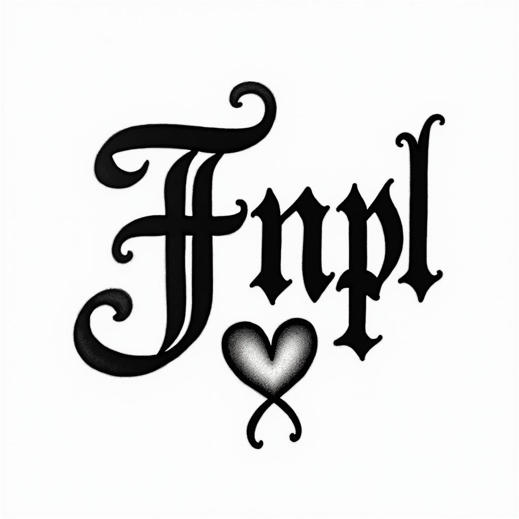Text “Fnpl” with bow and hearttext-based tattoo, gothic font ultra-realistic, perfectly placed, high-quality font design, photo-realistic shading, 8k, high quality, finely detailed typography - Variation 3