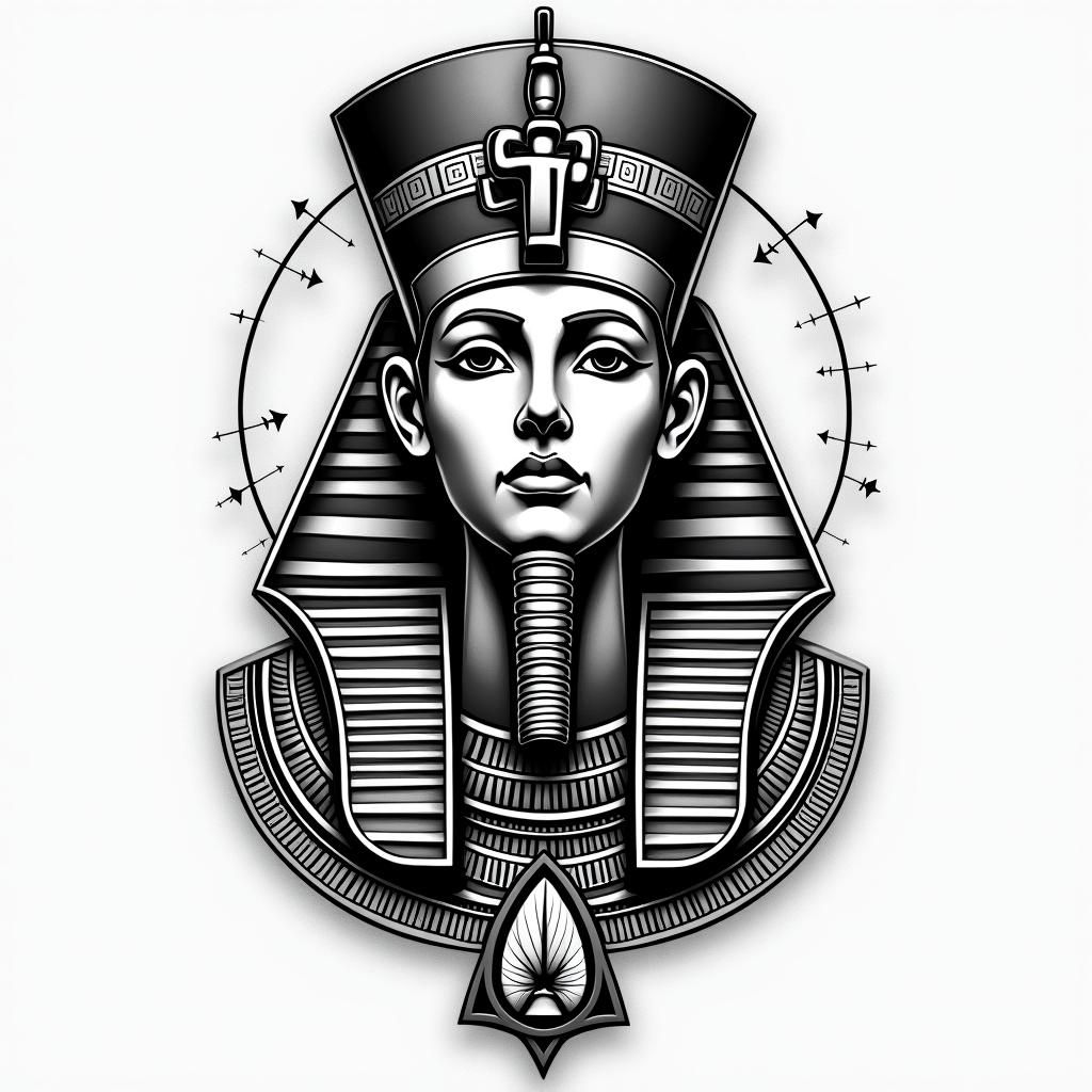 Jalen, Libra, Tennesseein egyptian style tattoo, bold elements of ancient egyptian culture including a portrait of an Egyptian pharaoh with detailed facial features, in hieroglyphs and symbolic imagery, eye of horus, ankh symbol, scarab beetle