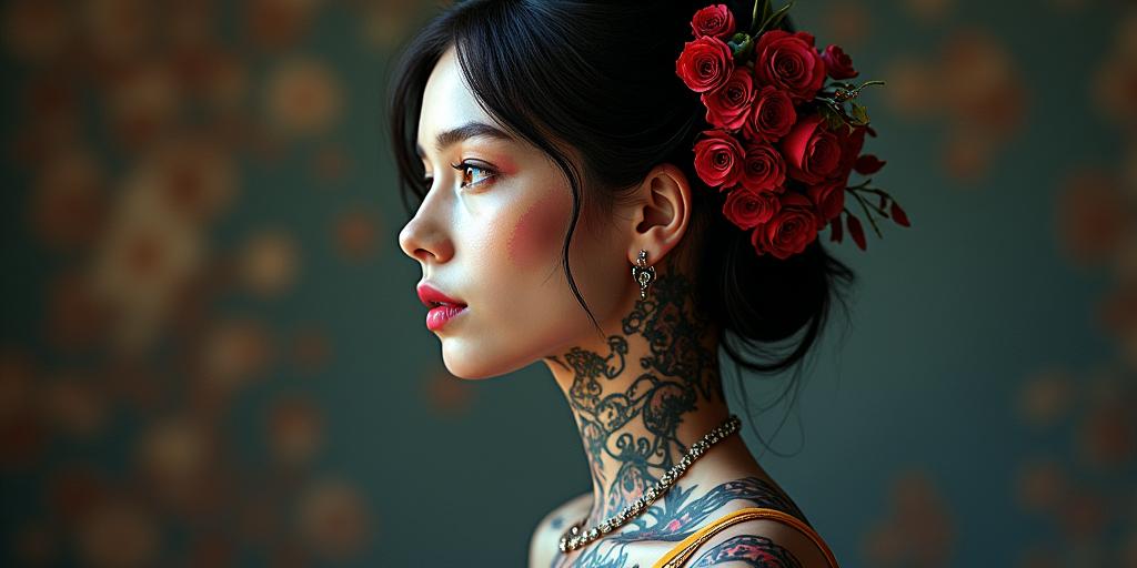Futuristic cyberpunk girl with neon accentsin victorian style tattoo, featuring vintage and elegant elements, ornate frames, roses, antique, sepia-toned color scheme - Variation 5