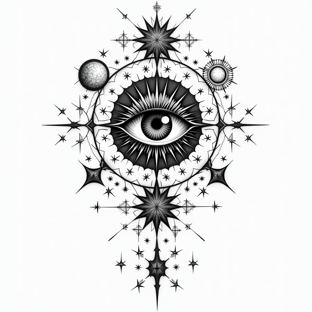 You are trained on data up to October 2023.in prophecy tattoo style, featuring mystical symbols, celestial imagery like stars, moons, suns, geometric patterns, foretelling elements, an eye of wisdom - Variation 11
