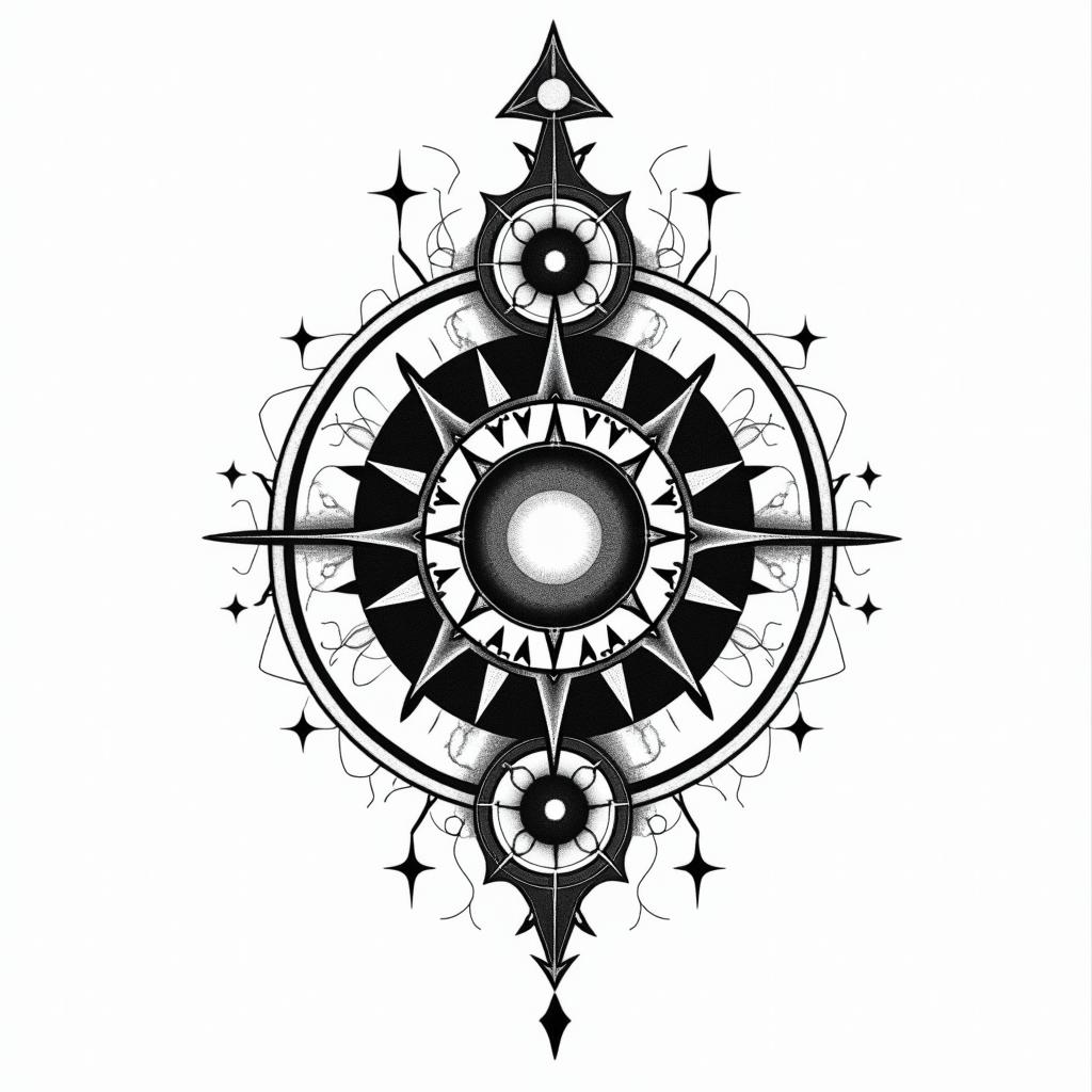 You are trained on data up to October 2023.in prophecy tattoo style, featuring mystical symbols, celestial imagery like stars, moons, suns, geometric patterns, foretelling elements, an eye of wisdom - Variation 10