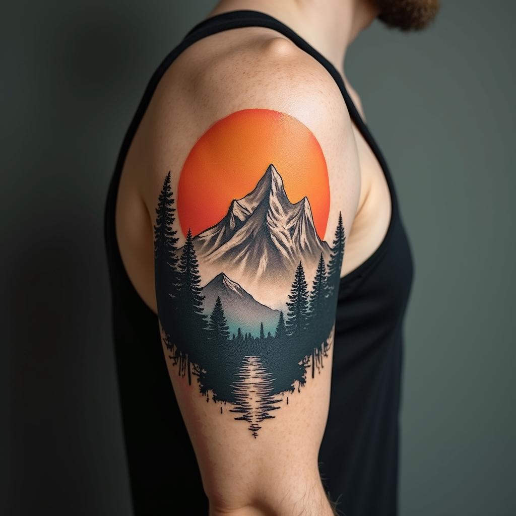 Mountain range with a rising sunhigly detailed tattoo - Variation 13