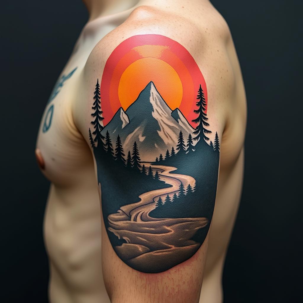 Mountain range with a rising sunhigly detailed tattoo - Variation 15