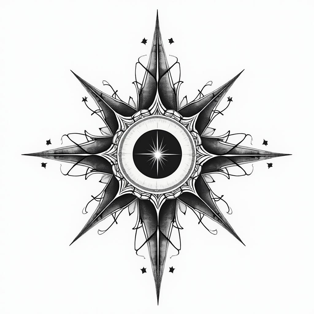 Biblein prophecy tattoo style, featuring mystical symbols, celestial imagery like stars, moons, suns, geometric patterns, foretelling elements, an eye of wisdom