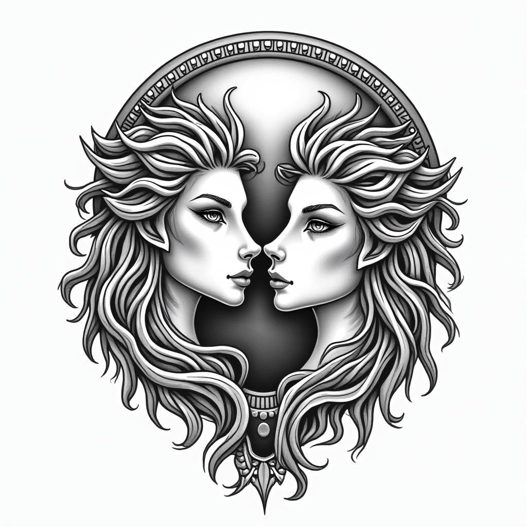 Leo and Capricorn tattoo for daughtersin authentic tattoo style, incorporating traditional modifications, bold black outlines, solid color fills, featuring classic authentic elements - Variation 4