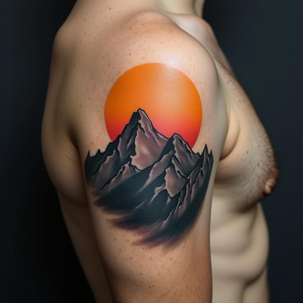 Mountain range with a rising sunin portrait tattoo style, featuring a highly realistic and detailed depiction - Variation 3