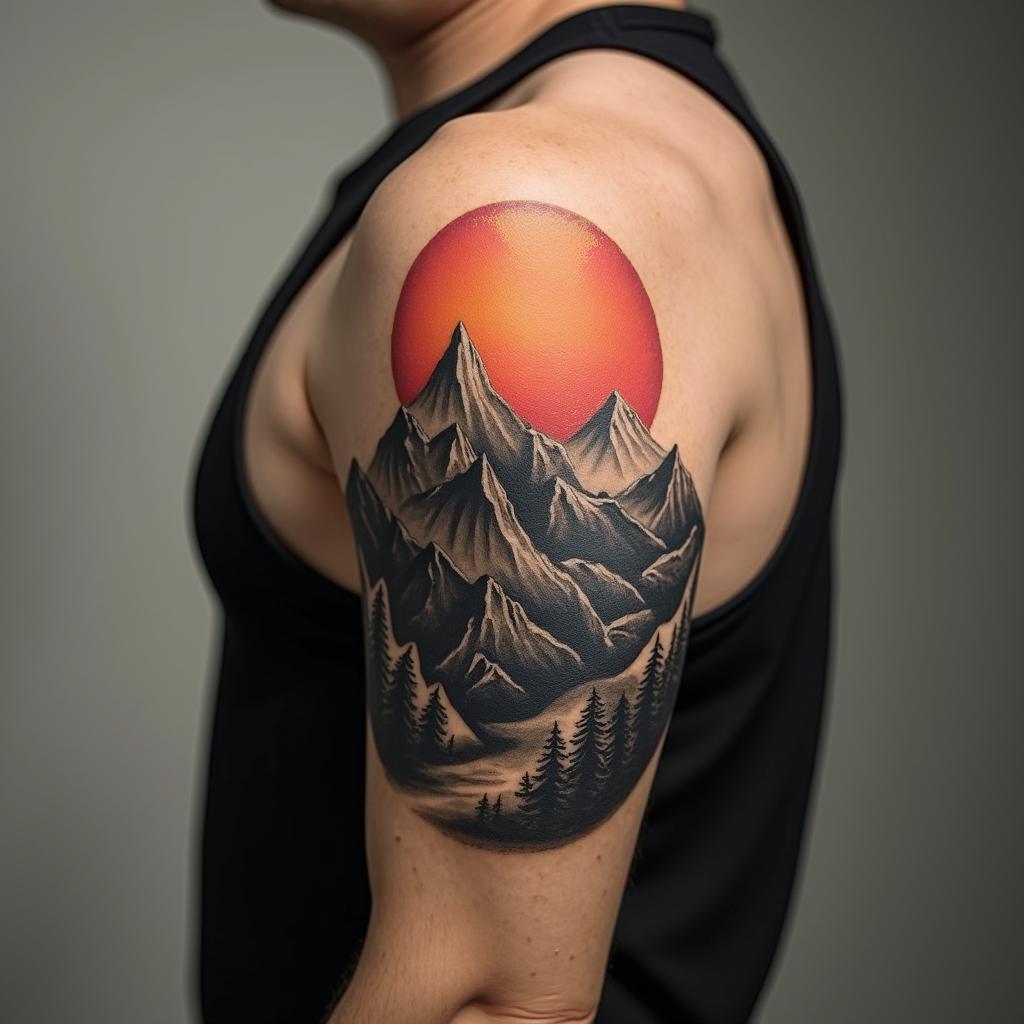 Mountain range with a rising sunin portrait tattoo style, featuring a highly realistic and detailed depiction 