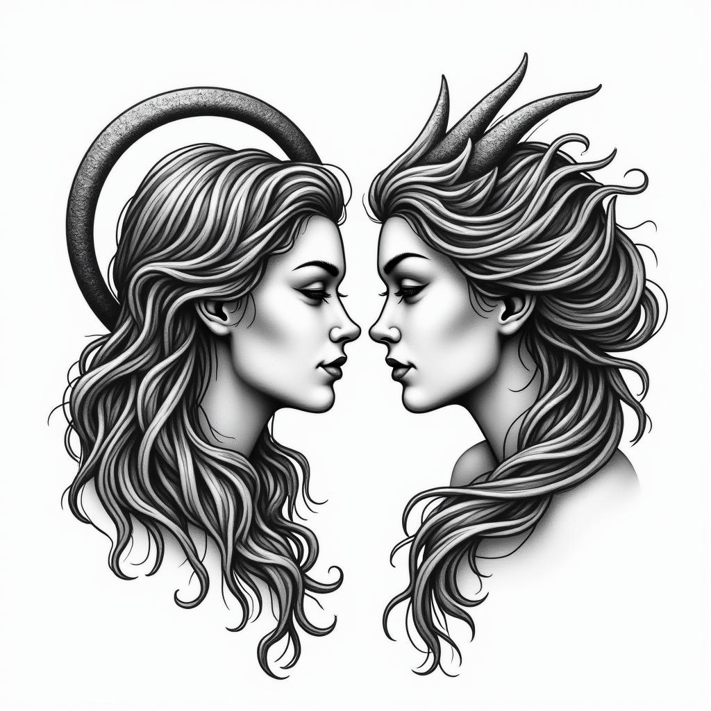 Leo and Capricorn tattoo for daughtersin new school tattoo, pop culture, modern, detailed tattoo, illustrative