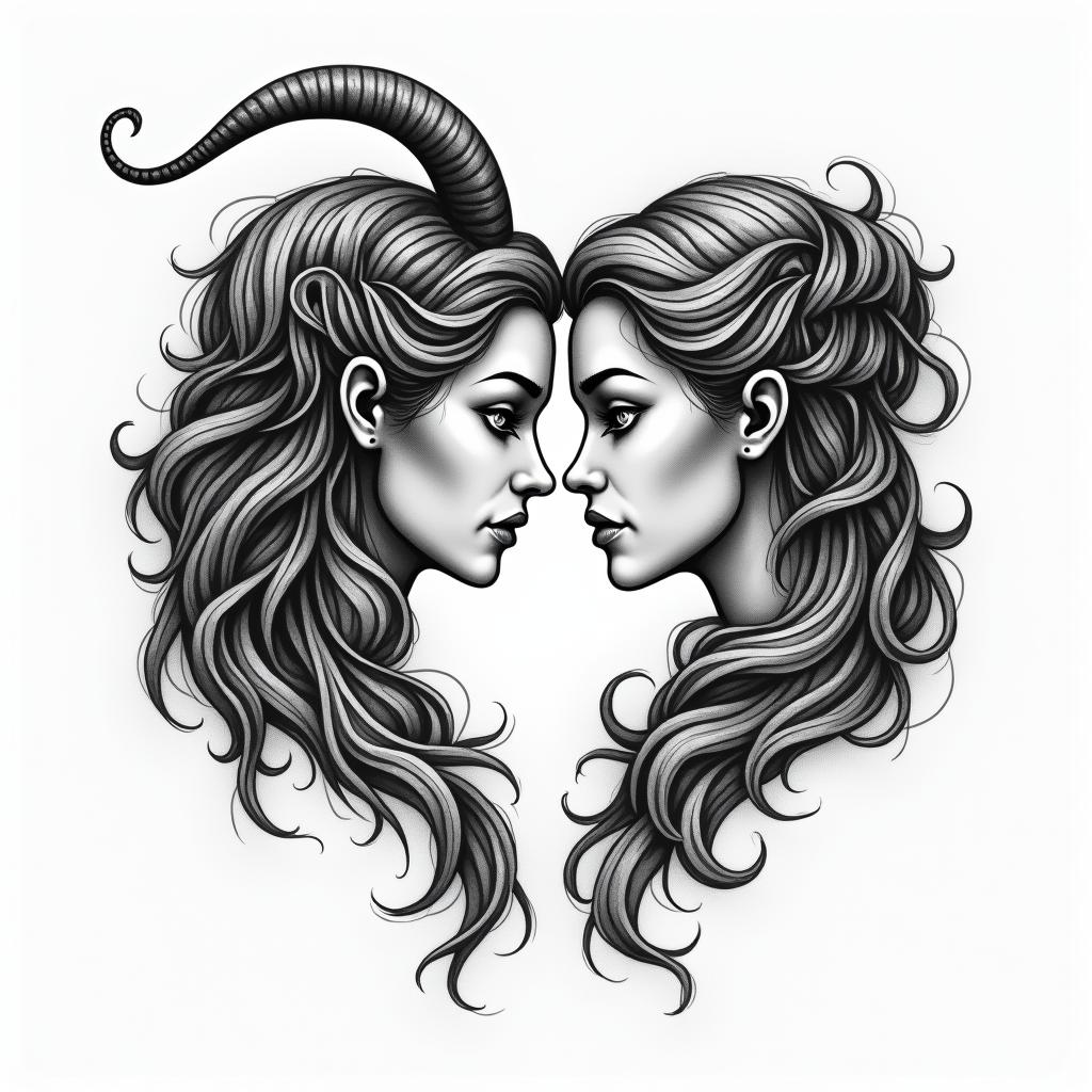 Leo and Capricorn tattoo for daughtersin new school tattoo, pop culture, modern, detailed tattoo, illustrative - Variation 2