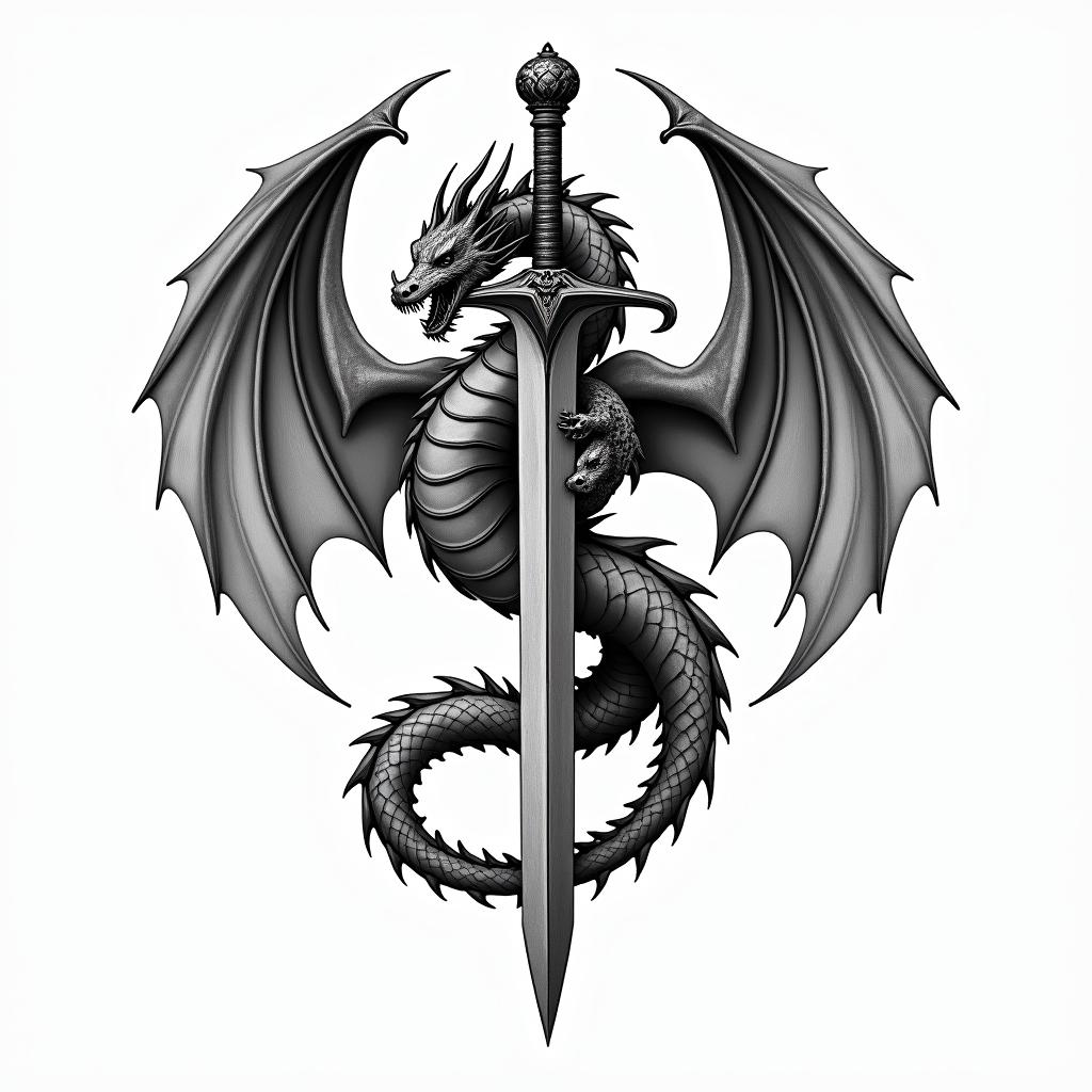 Majestic dragon coiled around a swordtext-based tattoo, gothic font ultra-realistic, perfectly placed, high-quality font design, photo-realistic shading, 8k, high quality, finely detailed typography - Variation 2