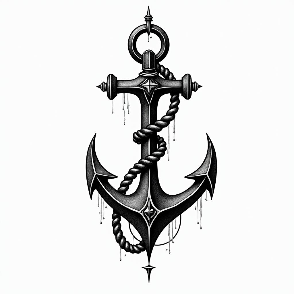 Anchor with nautical rope and compasshigly detailed tattoo - Variation 21