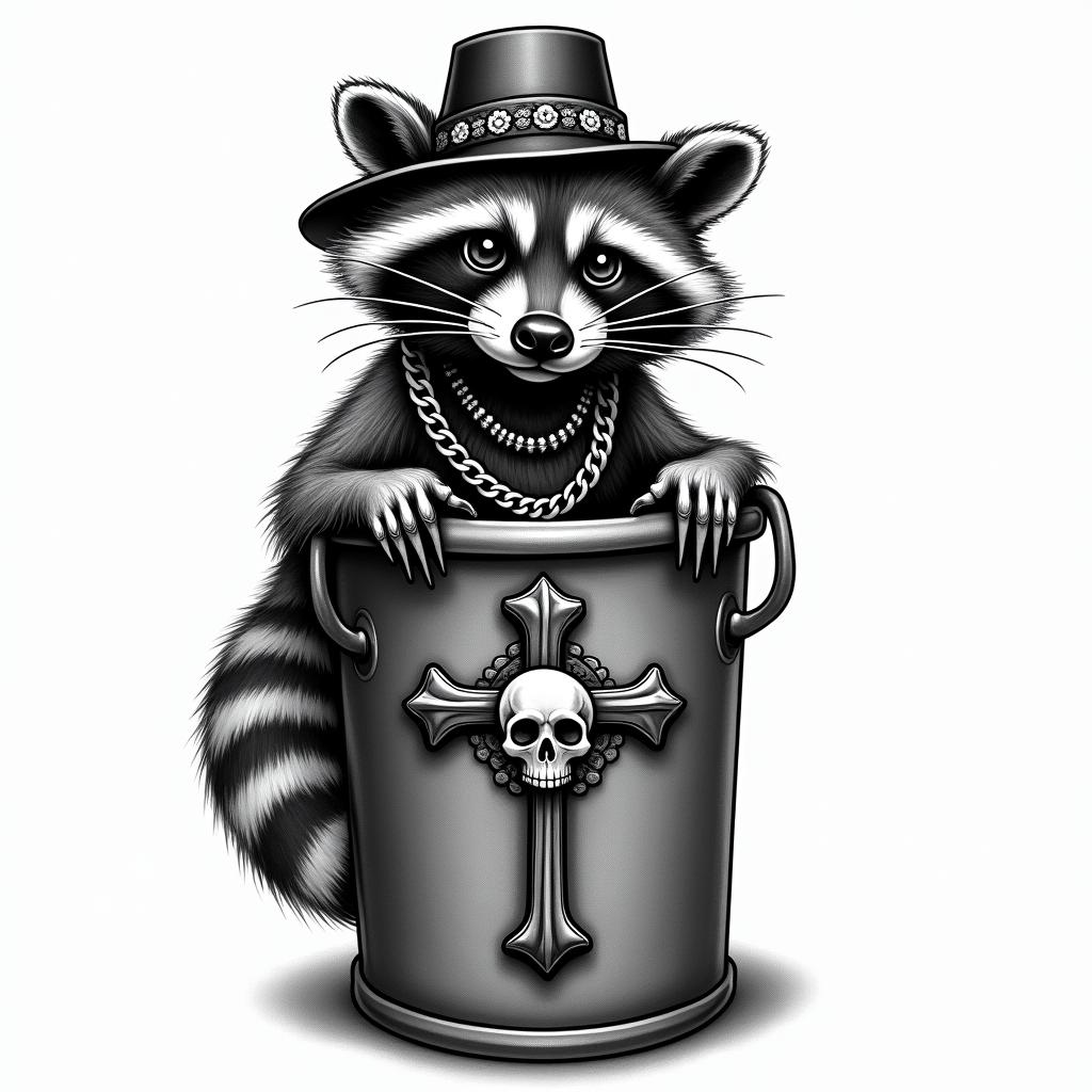 Raccoon with a hat in a garbage canin chicano style tattoo, featuring intricate black and grey shading, bold elements of traditional chicano culture symbols, add a big cross with skull, chains and roses