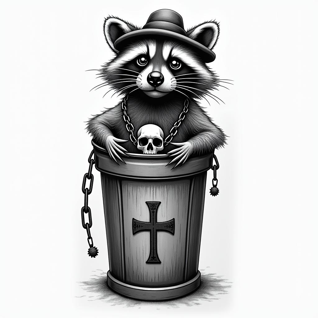Raccoon with a hat in a garbage canin chicano style tattoo, featuring intricate black and grey shading, bold elements of traditional chicano culture symbols, add a big cross with skull, chains and roses - Variation 4