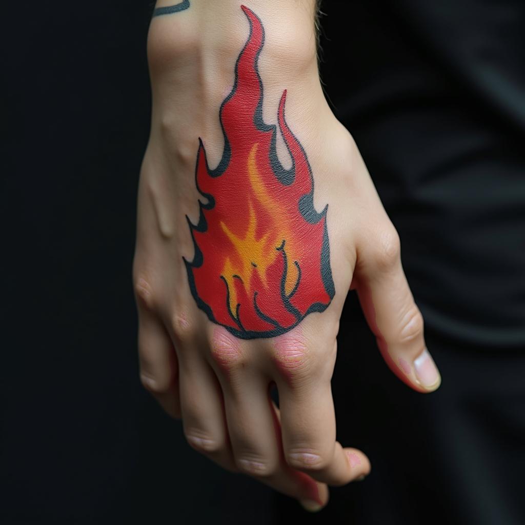Flamesin authentic tattoo style, incorporating traditional modifications, bold black outlines, solid color fills, featuring classic authentic elements