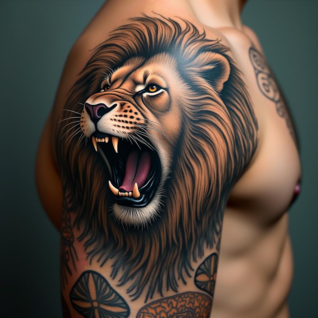 Roaring lion with a flowing manein portrait tattoo style, featuring a highly realistic and detailed depiction  - Variation 2