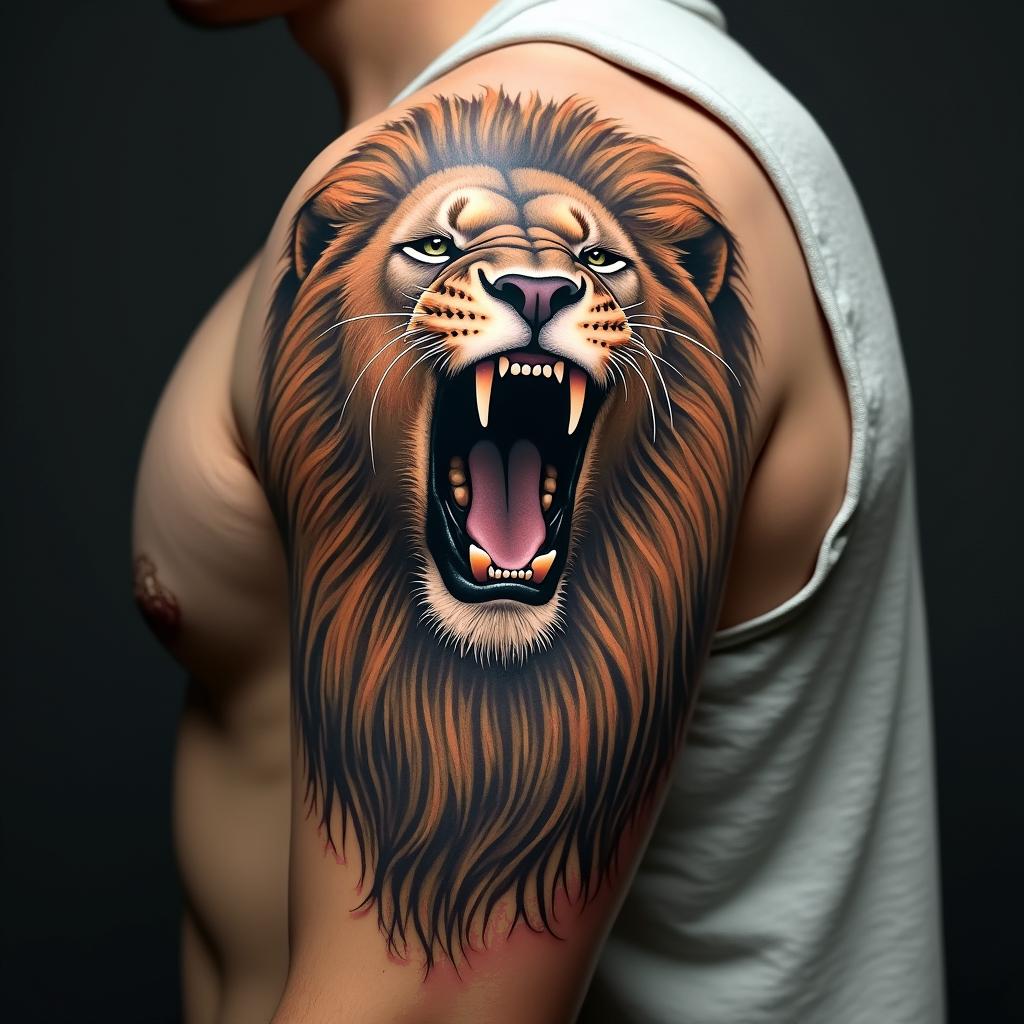 Roaring lion with a flowing manein portrait tattoo style, featuring a highly realistic and detailed depiction  - Variation 3