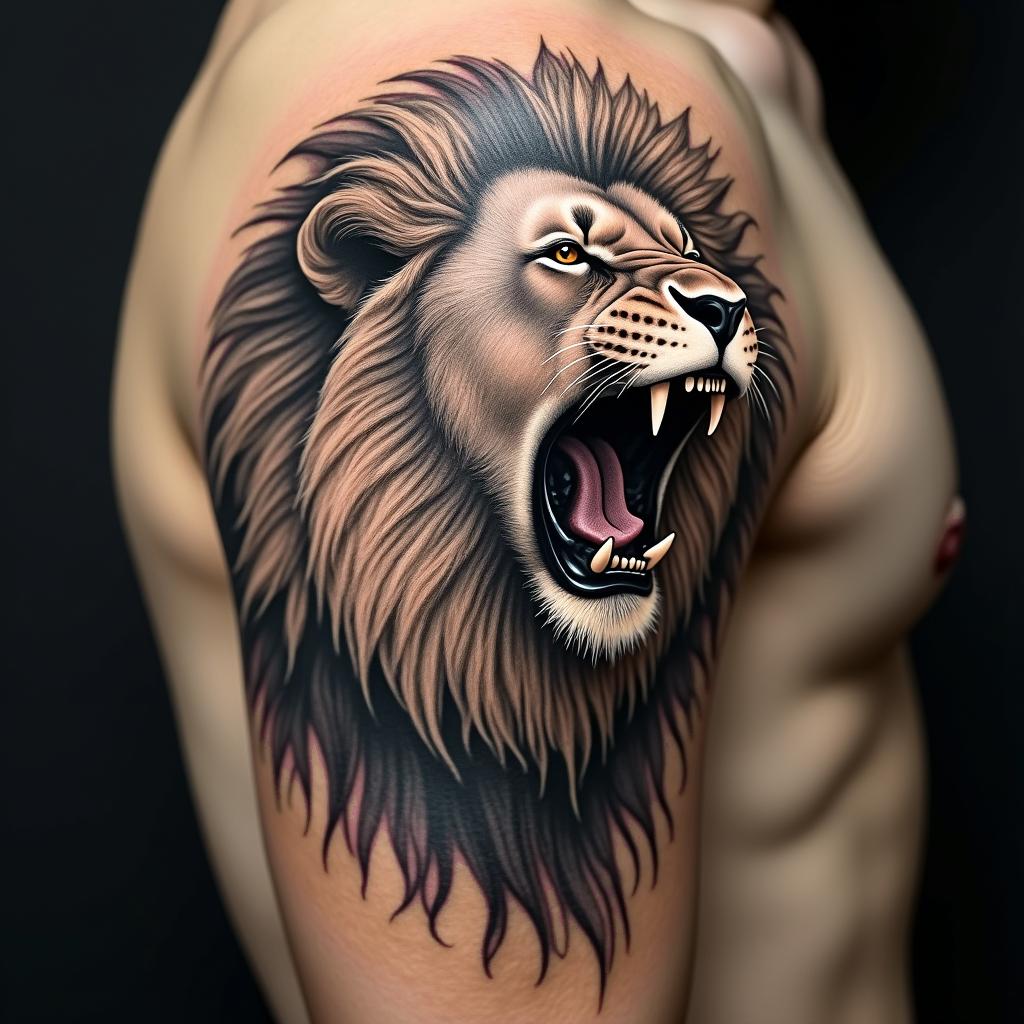 Roaring lion with a flowing manein portrait tattoo style, featuring a highly realistic and detailed depiction  - Variation 4