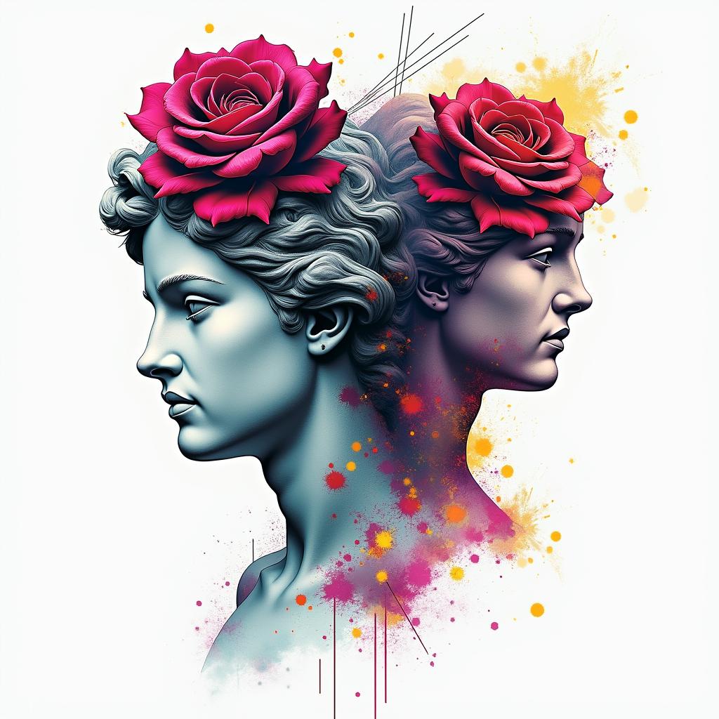 Tattoo of two roses, forearm, fine line.in distorted and fragmented tattoo design, featuring a classical statue bust, in a glitch art style with vibrant, overlapping colors of cyan, magenta, and yellow, creating a digital distortion effect - Variation 5