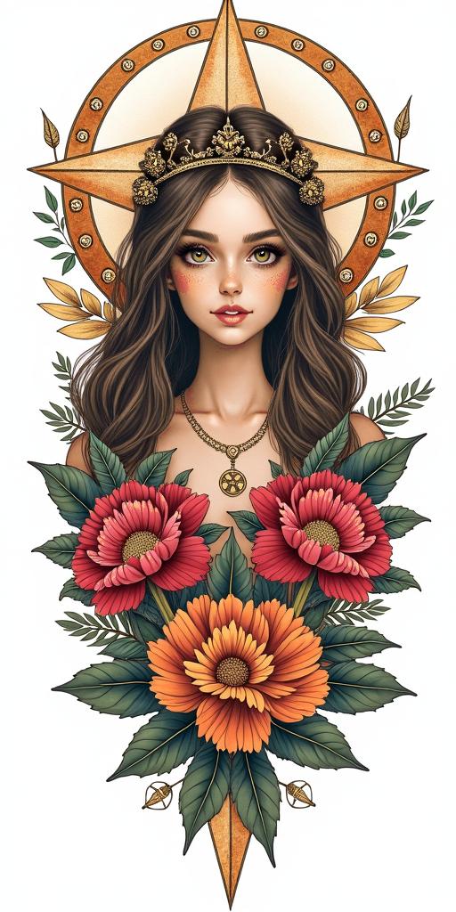 Three daughters, two of them are Leo, one is Capricorn. Flowers, girly, otherworldly femininein paganic style tattoo, featuring ancient symbols, add vegvisir symbol, mystical figures, incorporating designs, pentagrams, runes, crescent moons, - Variation 2