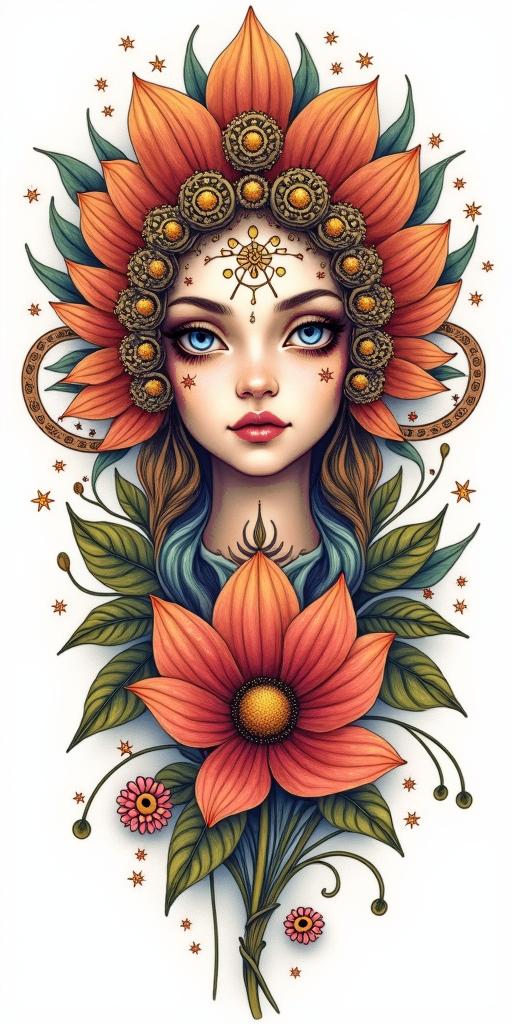 Three daughters, two of them are Leo, one is Capricorn. Flowers, girly, otherworldly femininein paganic style tattoo, featuring ancient symbols, add vegvisir symbol, mystical figures, incorporating designs, pentagrams, runes, crescent moons, - Variation 4