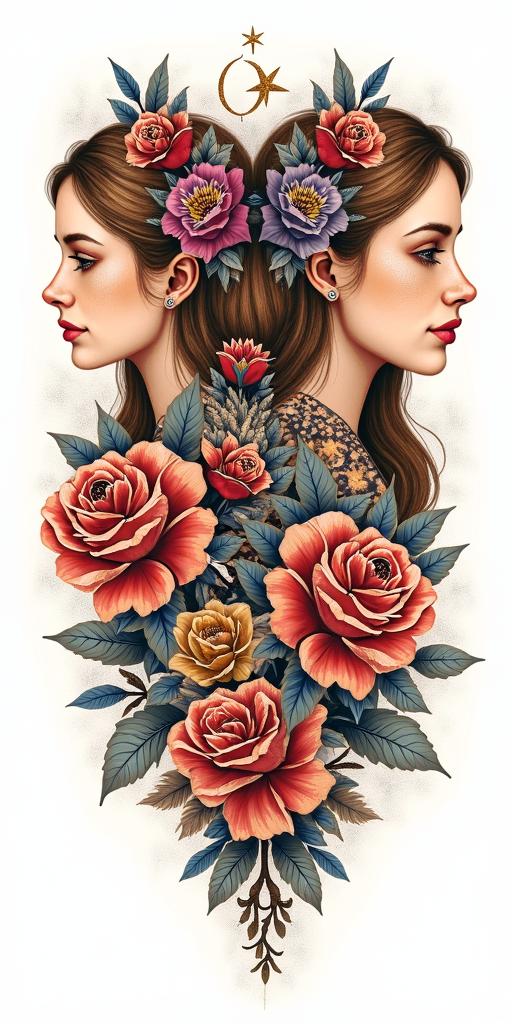 Three daughters, two of them are Leo, one is Capricorn. Flowers, girly, otherworldly femininein paganic style tattoo, featuring ancient symbols, add vegvisir symbol, mystical figures, incorporating designs, pentagrams, runes, crescent moons,