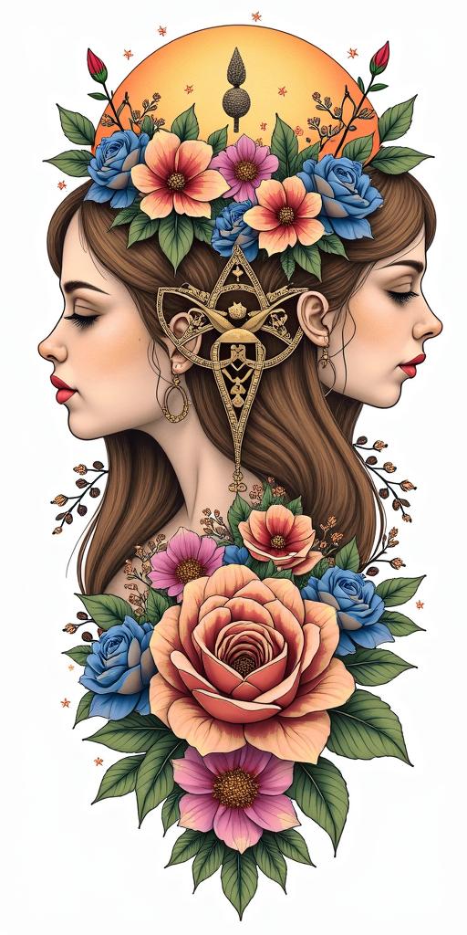Three daughters, two of them are Leo, one is Capricorn. Flowers, girly, otherworldly femininein paganic style tattoo, featuring ancient symbols, add vegvisir symbol, mystical figures, incorporating designs, pentagrams, runes, crescent moons, - Variation 3