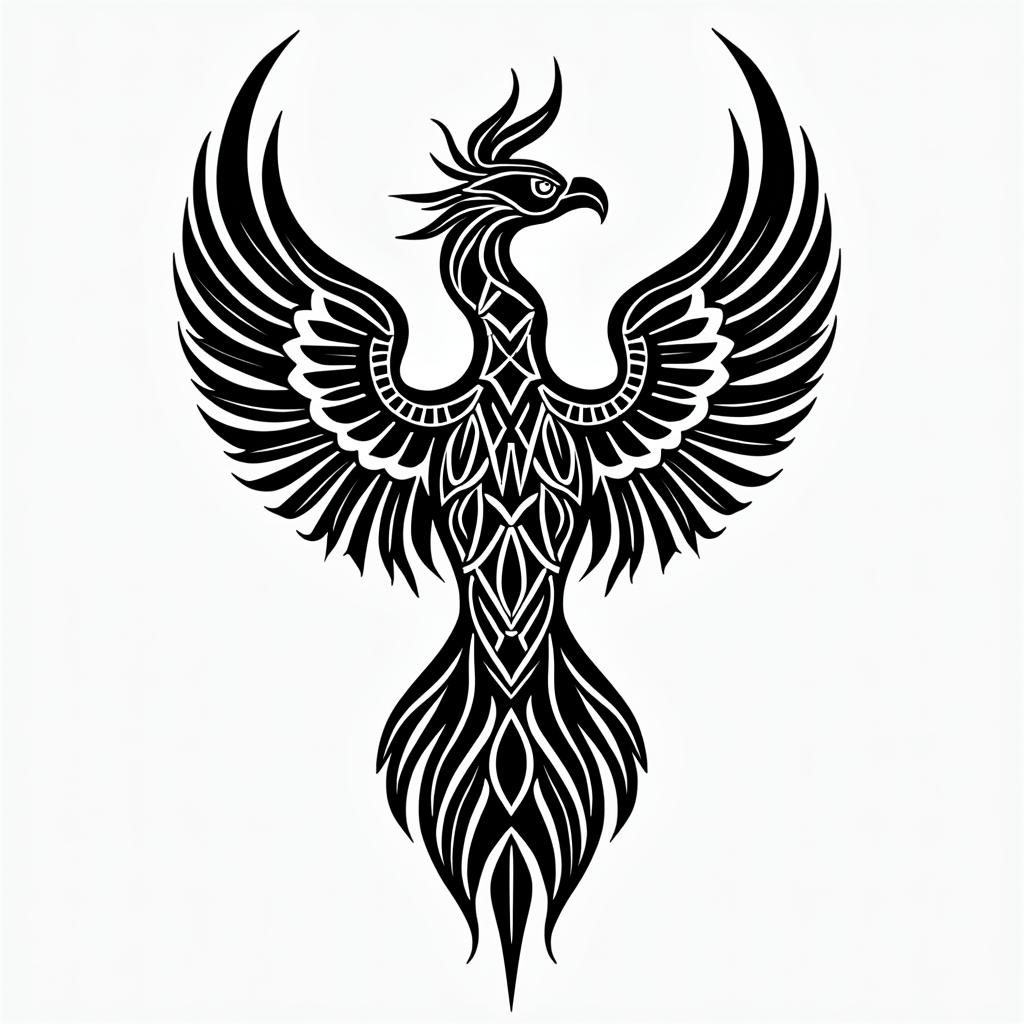 Phenix back tattooin tribal tattoo style, featuring bold and black geometric shapes, curved lines, intertwine and flow seamlessly, creating a powerful and symbolic design, polynesian and maori styles - Variation 4