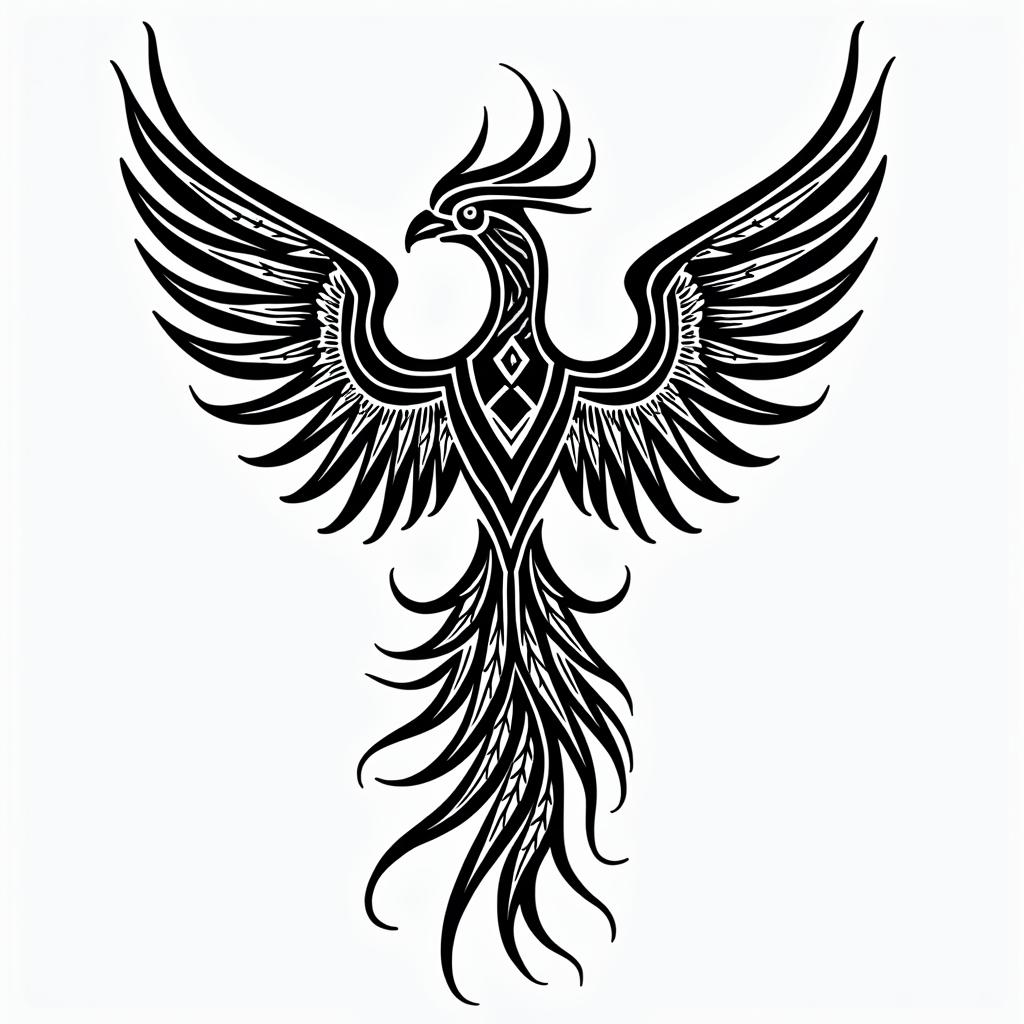 Phenix back tattooin tribal tattoo style, featuring bold and black geometric shapes, curved lines, intertwine and flow seamlessly, creating a powerful and symbolic design, polynesian and maori styles - Variation 3