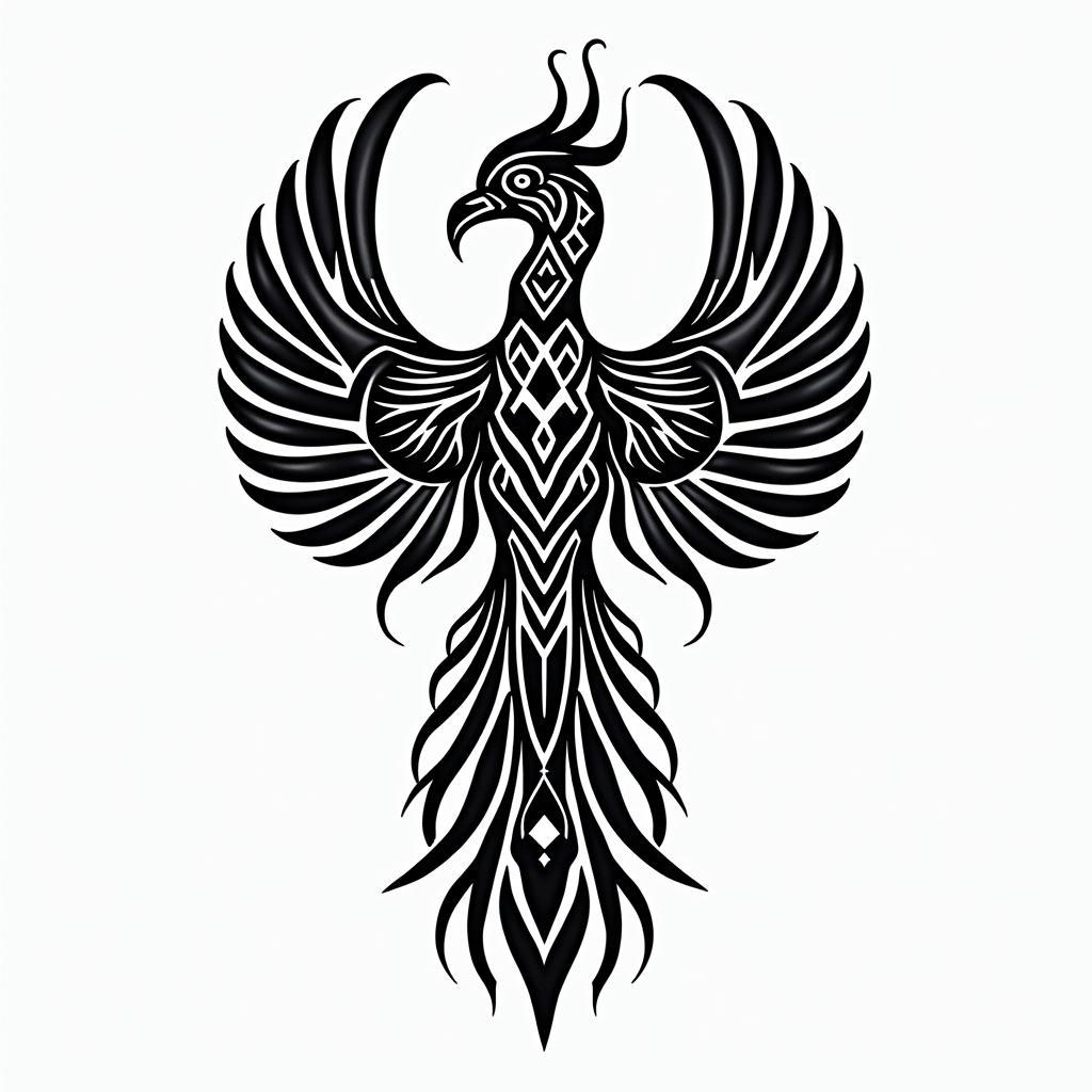 Phenix back tattooin tribal tattoo style, featuring bold and black geometric shapes, curved lines, intertwine and flow seamlessly, creating a powerful and symbolic design, polynesian and maori styles