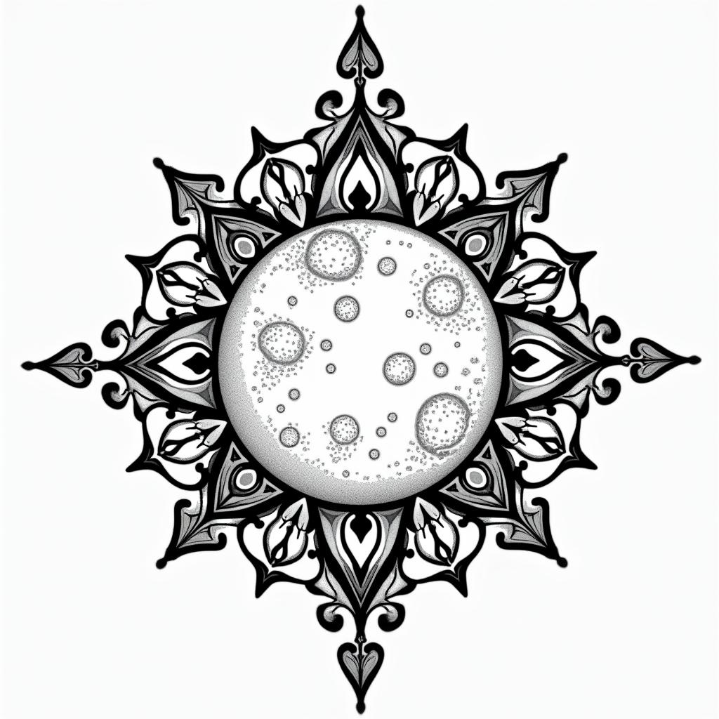 Planet with dancing girls around itin dotwork style tattoo, complex mandala patterns, interlocking geometric shapes with sharp symmetry, clean lines, sharp angles - Variation 2